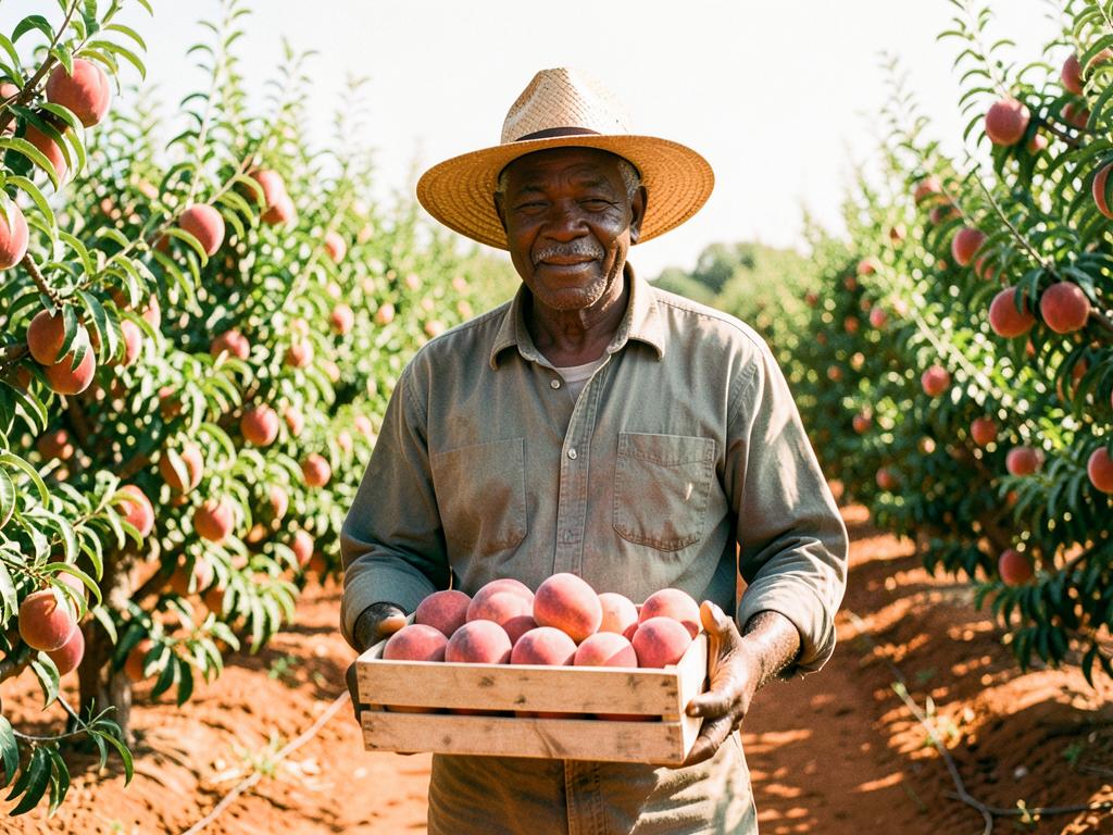 Willie Fontaine holding a wooden basket of freestone peaches in his Georgia orchard