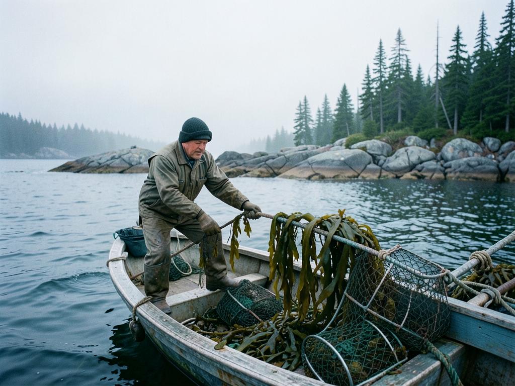 Cal Hutchins hauling a line of cultivated kelp from his workboat in foggy Blue Hill Bay
