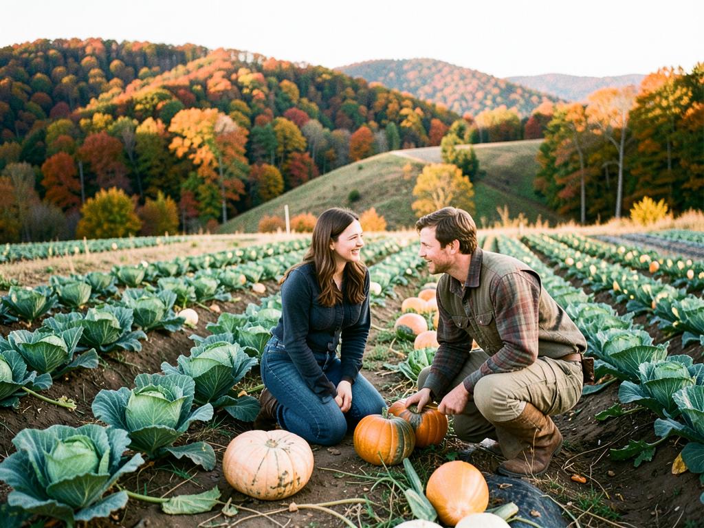 Nate and Hallie Brenner kneeling among winter squash and cabbage on their Wisconsin ridge farm