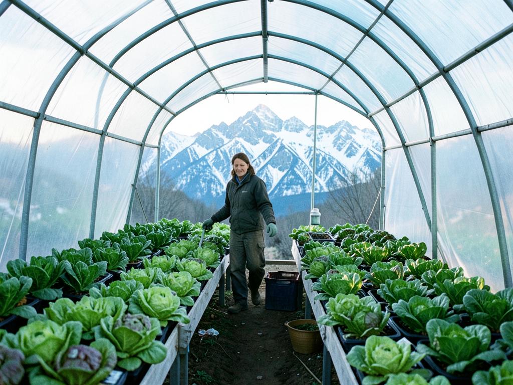 Priya Raman walking a high tunnel of winter salad greens with the Rockies behind her