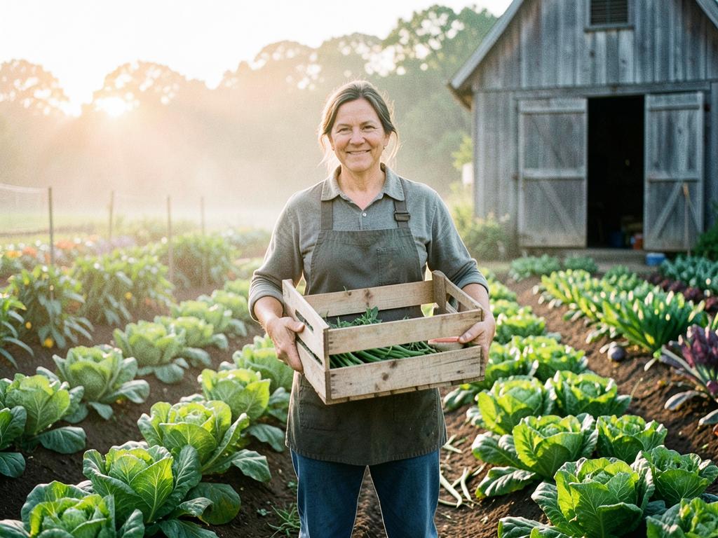 Maren Ostergaard holding a harvest crate of beans in her Hudson Valley market garden at sunrise