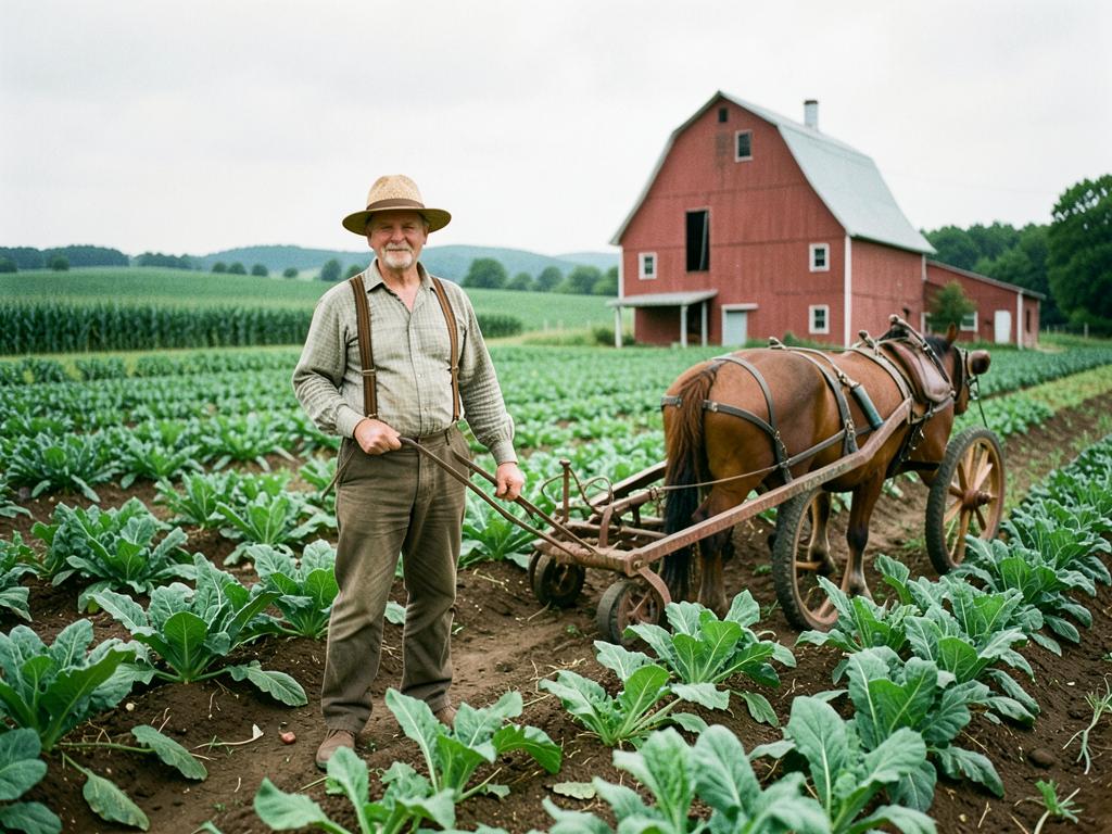 Amos Stoltzfus standing with a horse-drawn cultivator in a Lancaster County cabbage field