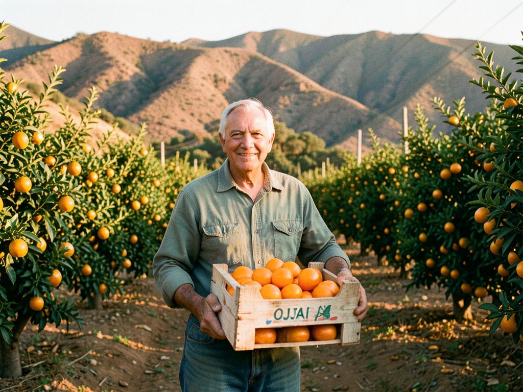 Ramón Delgado carrying a crate of Pixie tangerines in his hillside Ojai citrus orchard