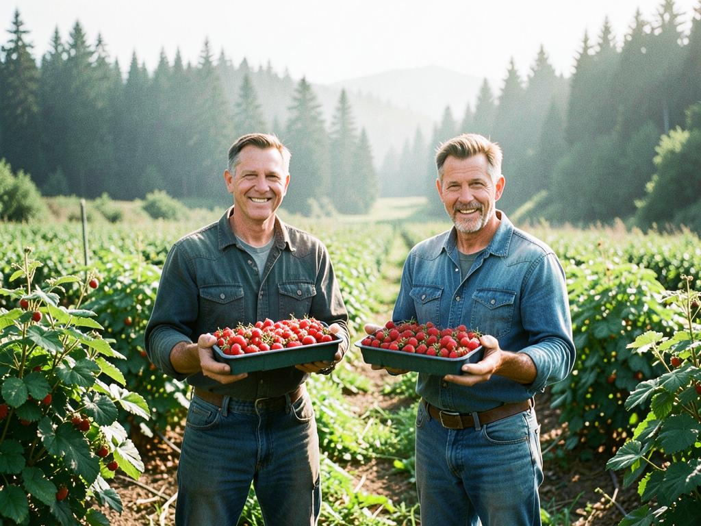Tom Sandoval and Erik Lund holding flats of just-picked raspberries in an Oregon berry field